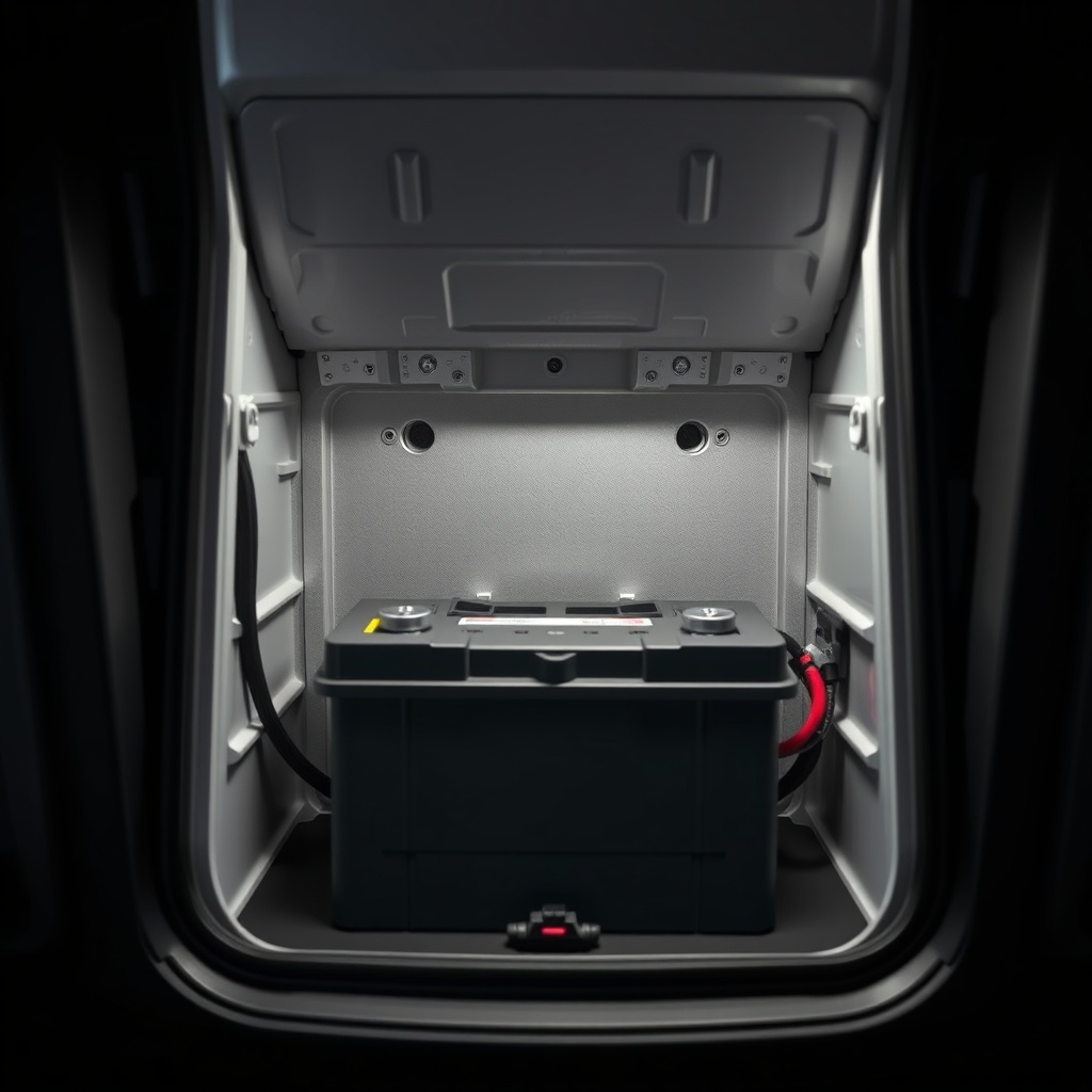 Close-up of the open battery compartment of a Knaus Sport 600 MEG showing a single standar