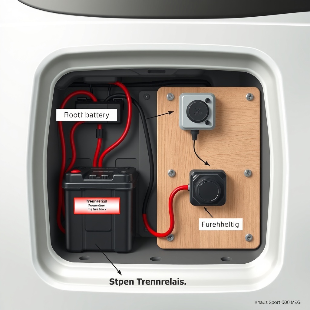 Step-by-step illustration showing the battery compartment of a Knaus Sport 600 MEG with a
