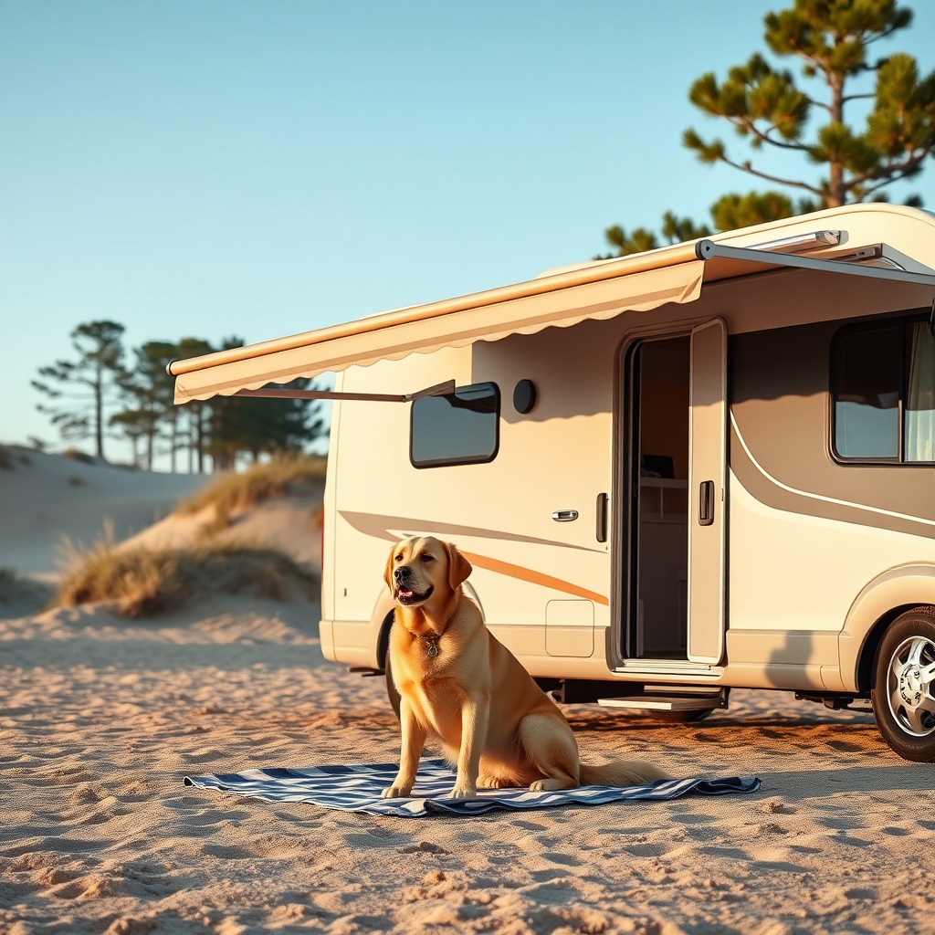 A photorealistic photo of a Hymer ML-T 580 parked at a French beach campsite