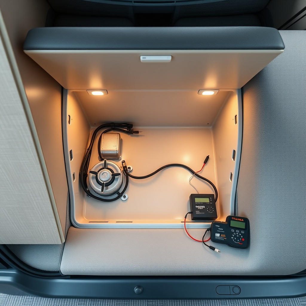 A realistic top-down photo of a Truma Combi 6 heating unit installed under a bench seat in