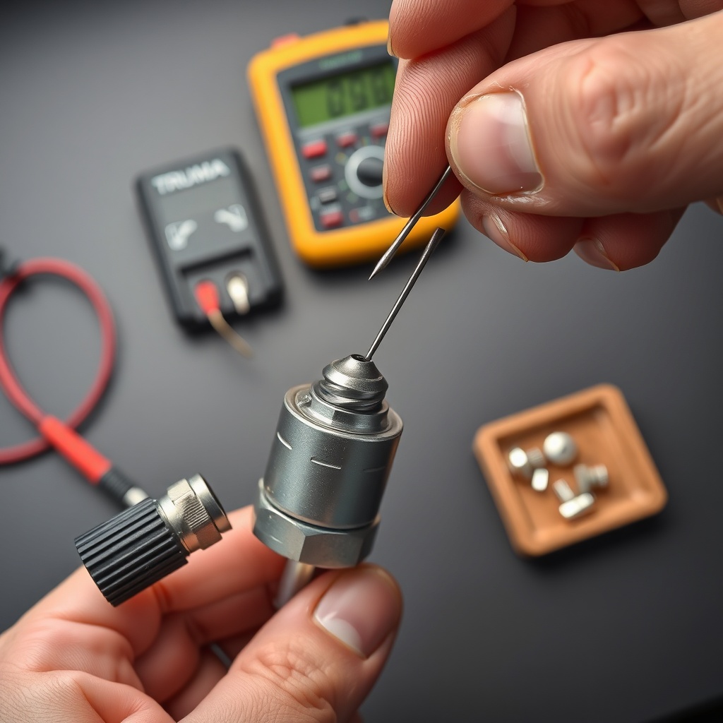 A clean close-up photo of a hand holding a disassembled Truma burner with a needle cleanin