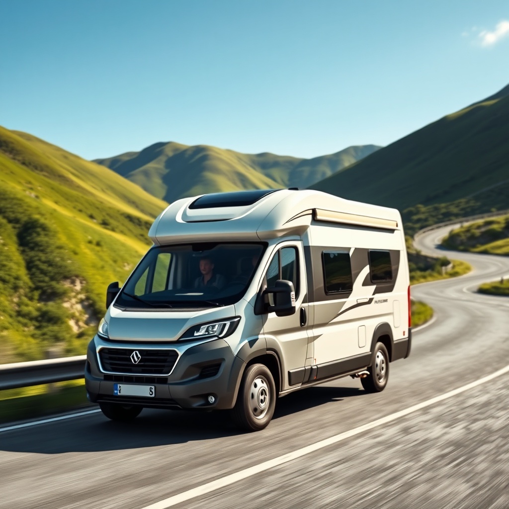 A high-end photorealistic photo of a Hymer ML-T 580 driving on a winding mountain road