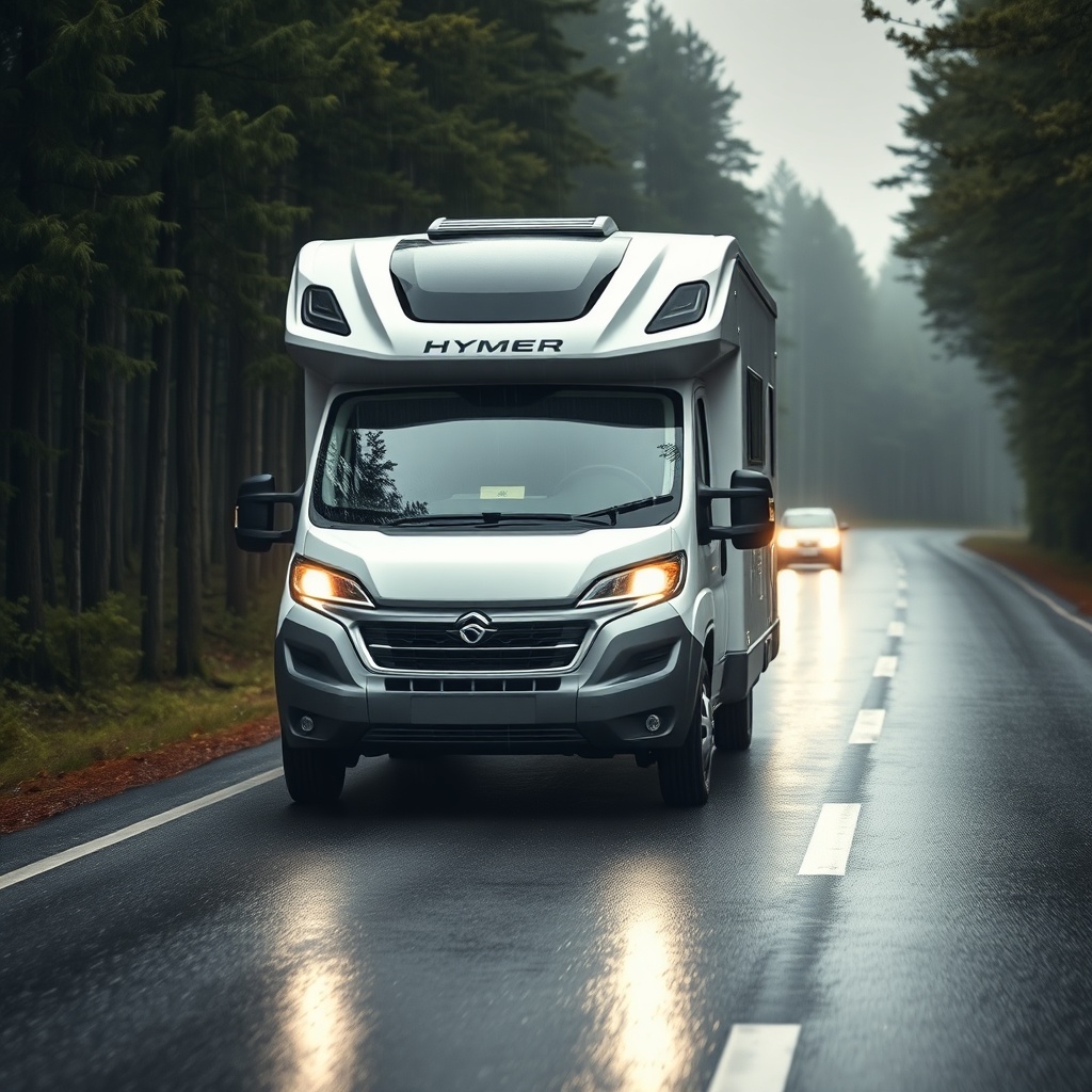 A clean photorealistic photo of a Hymer ML-T 580 driving on a wet asphalt road in light ra