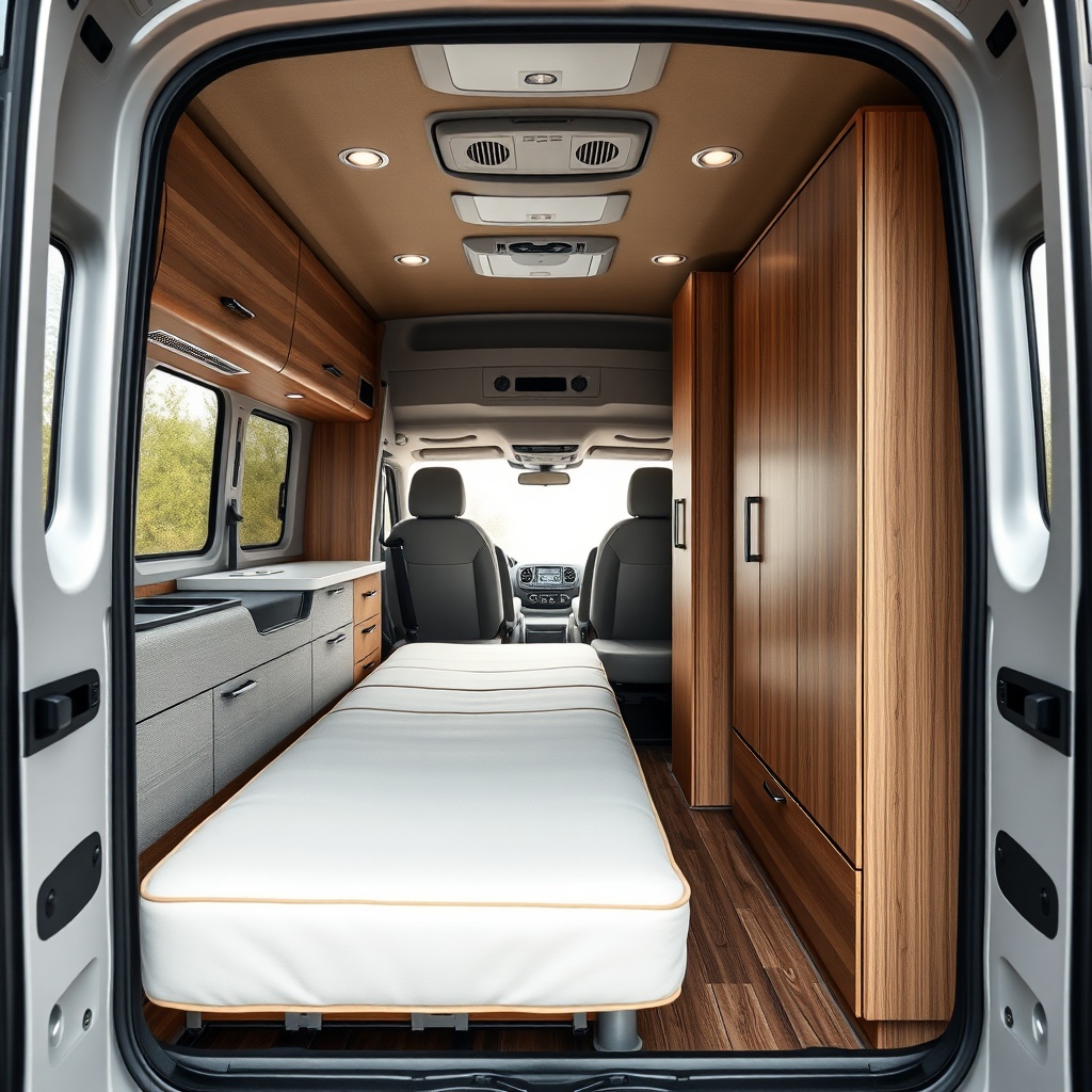 A clean photorealistic interior shot of the Hymer ML-T 580 viewed from the rear door towar