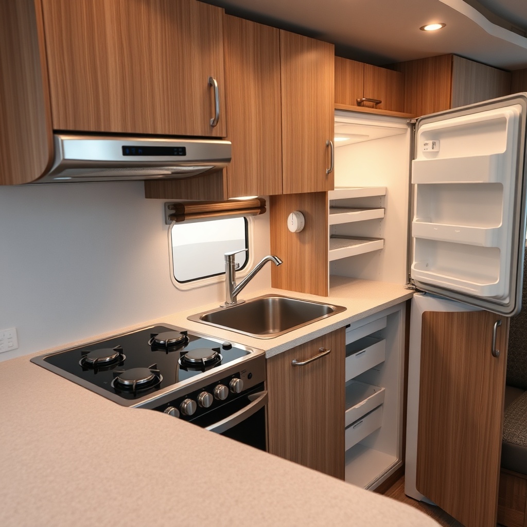 A detailed shot of the Hymer ML-T 580's galley kitchen area featuring the three-burner sto