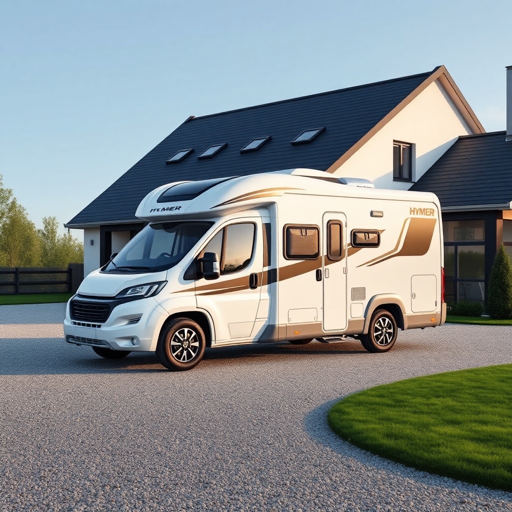 Clean photorealistic photo of a Hymer ML-T 580 parked on a gravel driveway in front of a m
