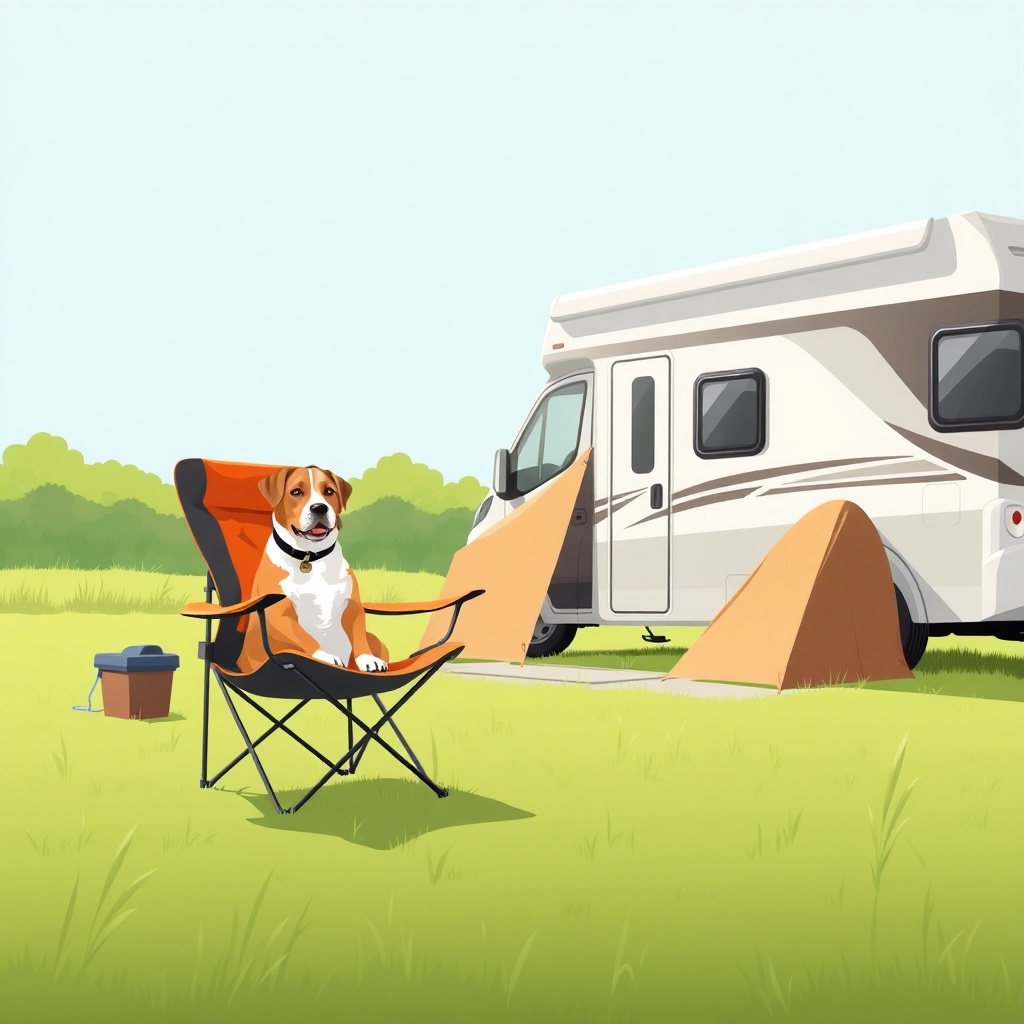 Simple illustration of a dog sitting on a camping chair next to a Hymer ML-T 580