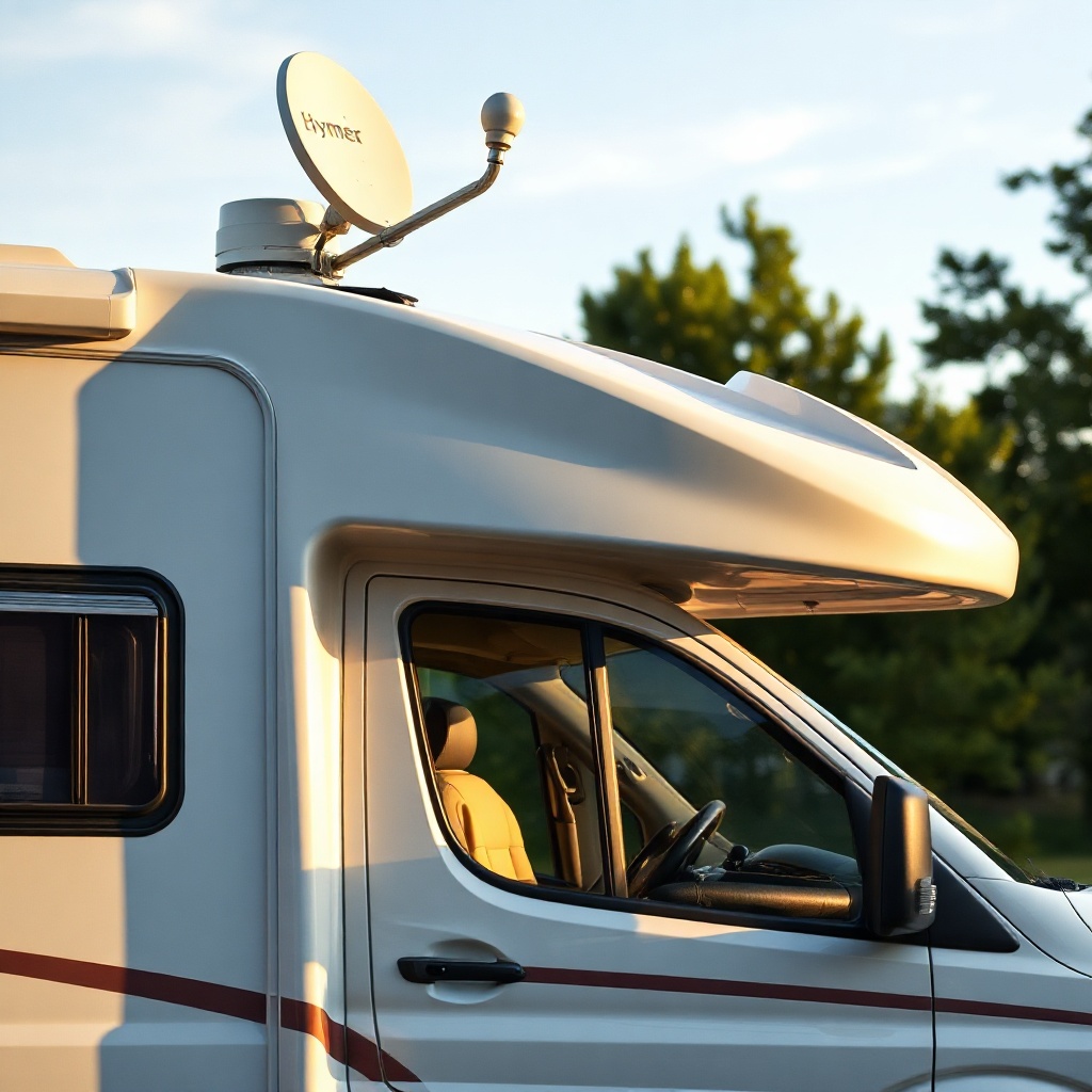 <clean photorealistic photo of Hymer ML-T 580 with a dome satellite antenna mounted on the