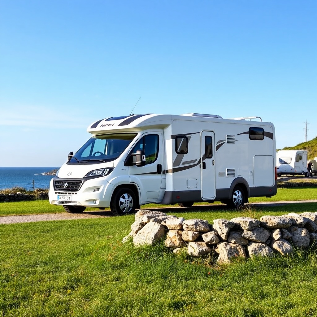 A photorealistic photo of a Hymer ML-T 580 parked at a scenic coastal campground in Britta