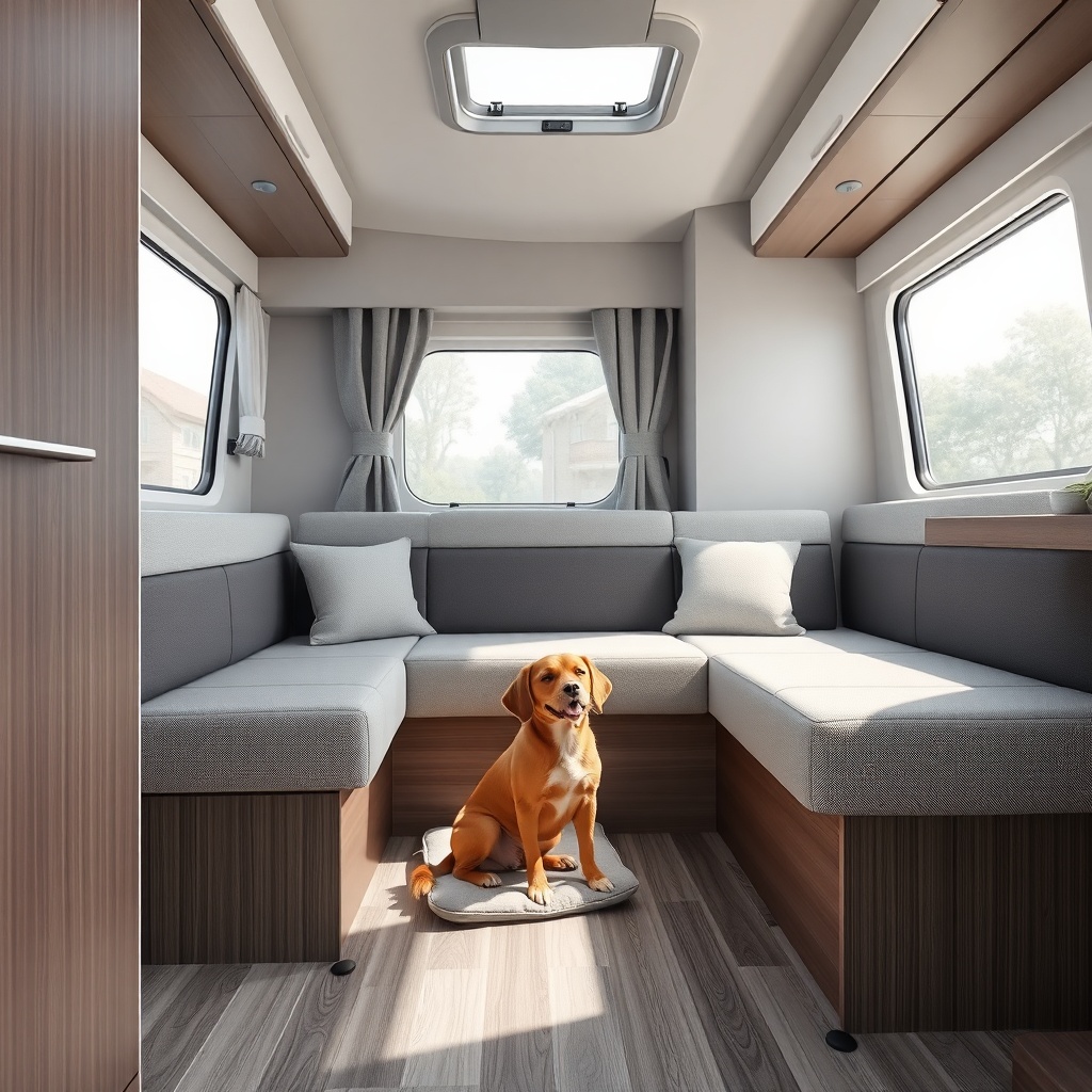 A photorealistic photo of the interior of a Hymer ML-T 580 showing the L-shaped dinette wi