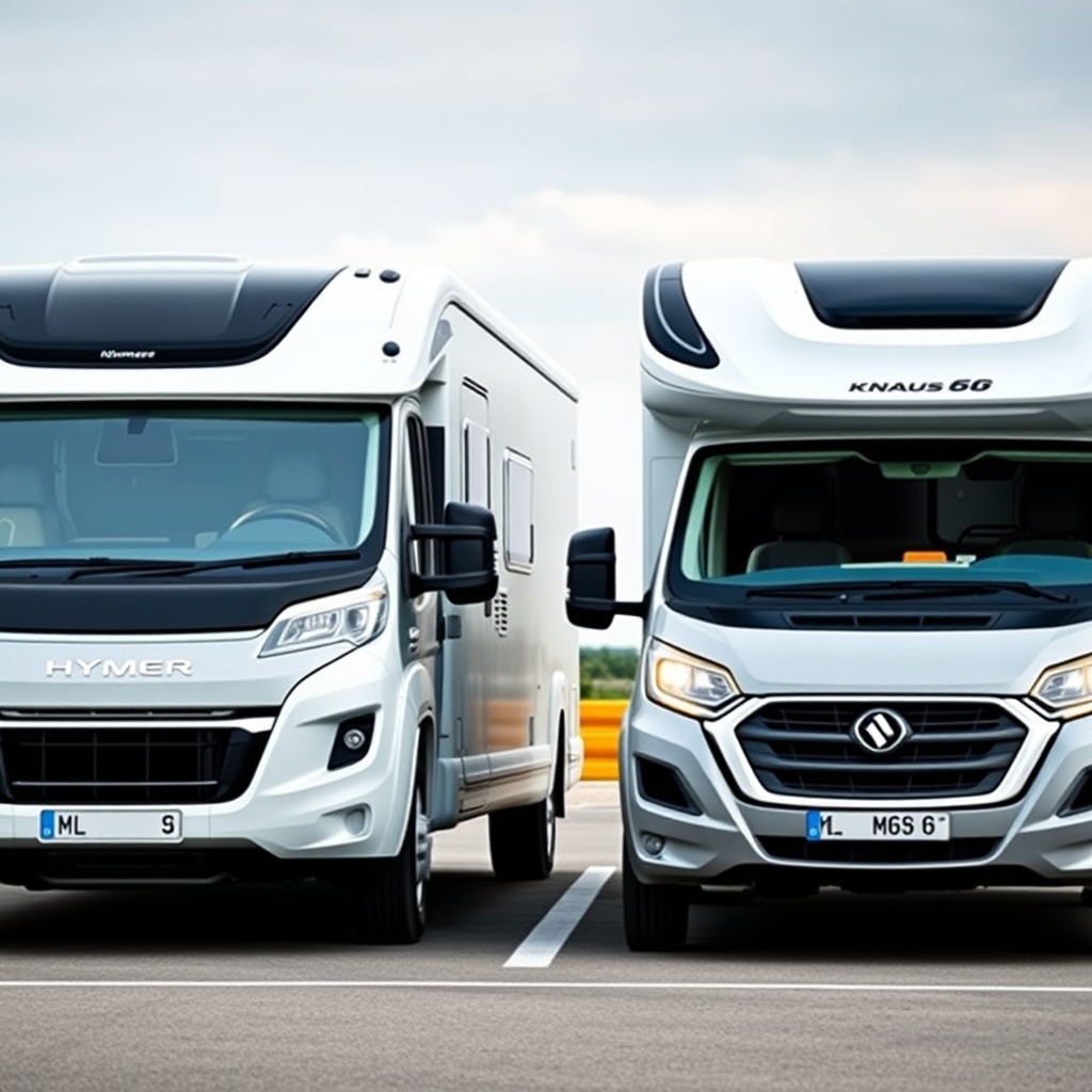 A photorealistic photo of the Hymer ML-T 580 and a Knaus Sport 600 MEG parked side by side