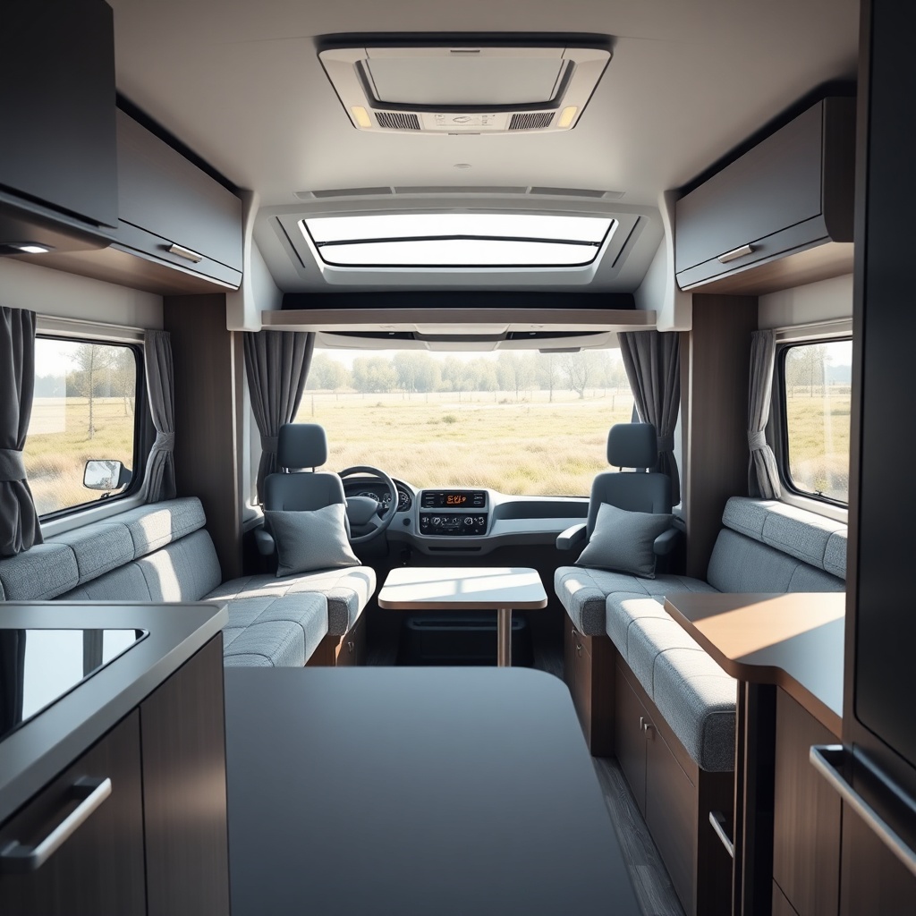 A photorealistic photo of the interior of the Hymer ML-T 580