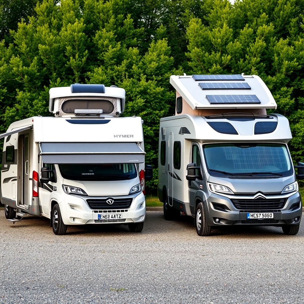 A side-by-side comparison of two partially opened campervans – a Hymer ML-T 580 with a rol