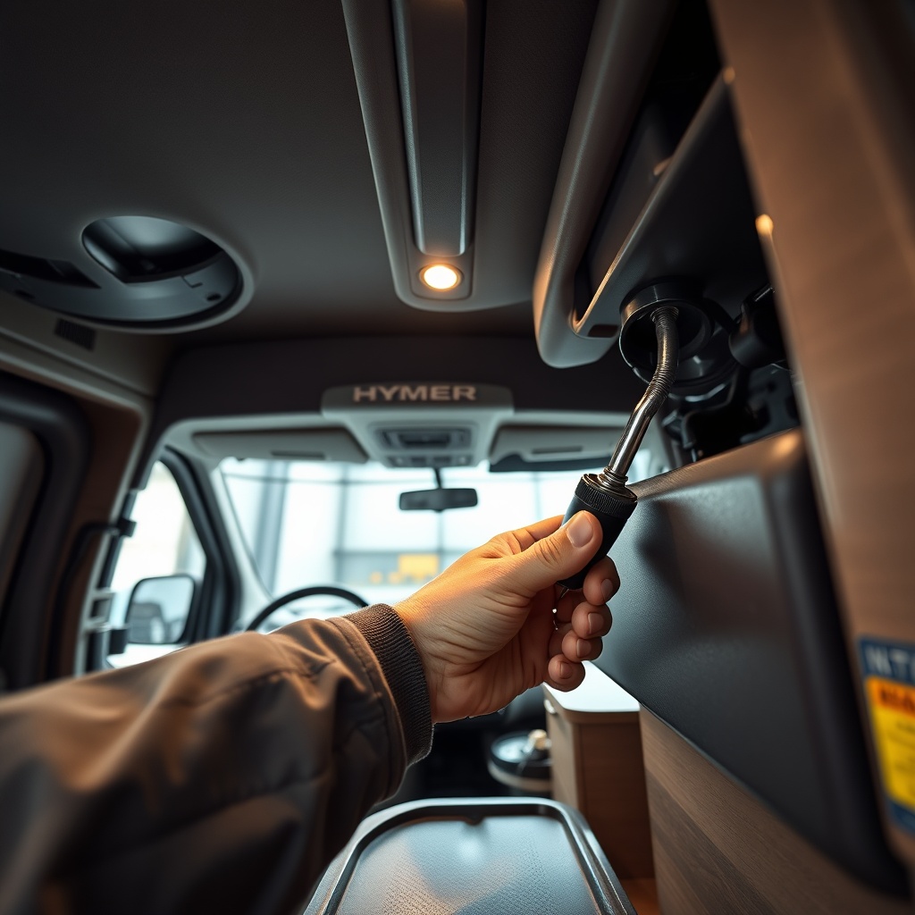 A photorealistic wide-angle interior shot of a Hymer ML-T 580 with a mechanic's hand check