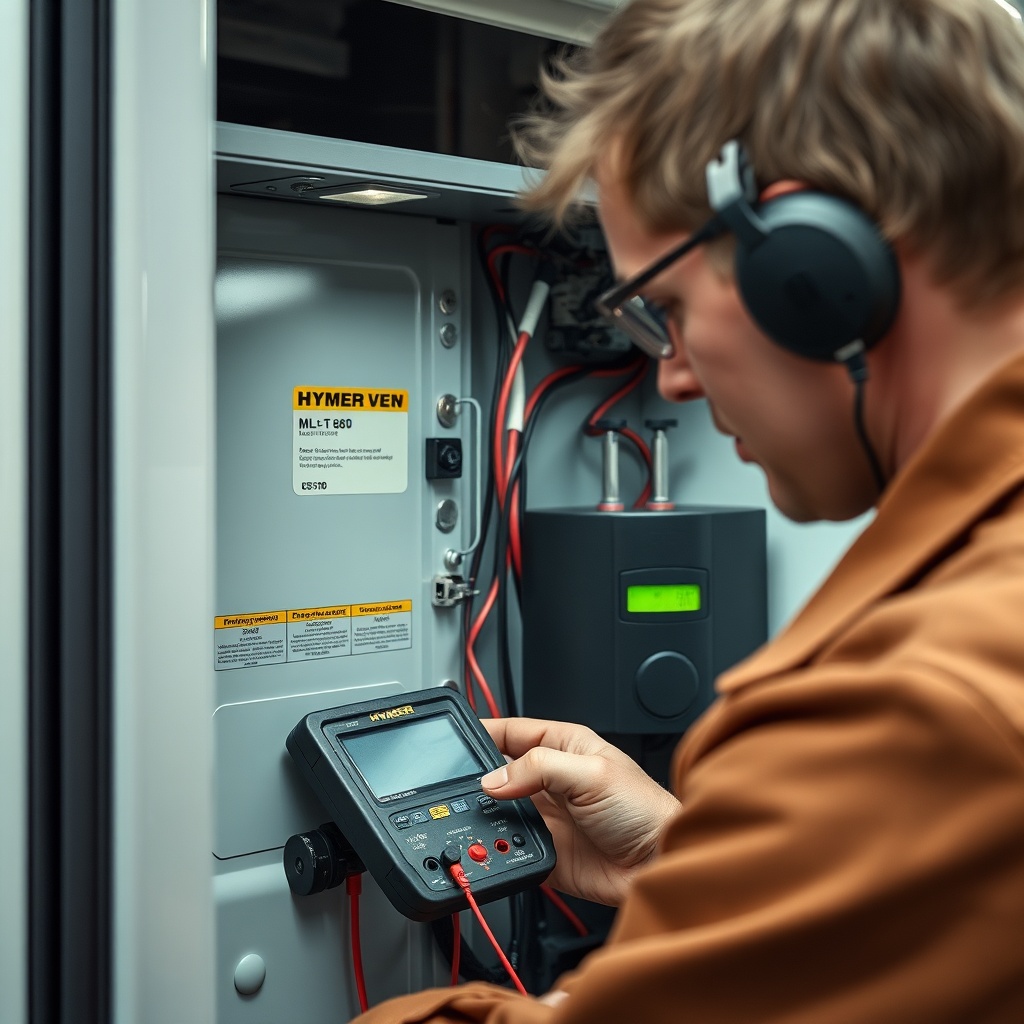 A photorealistic medium shot of a mechanic using a digital multimeter on the electrical pa