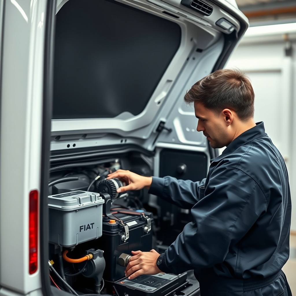 A clean photorealistic photo of a mechanic working on the engine compartment of a Fiat Duc