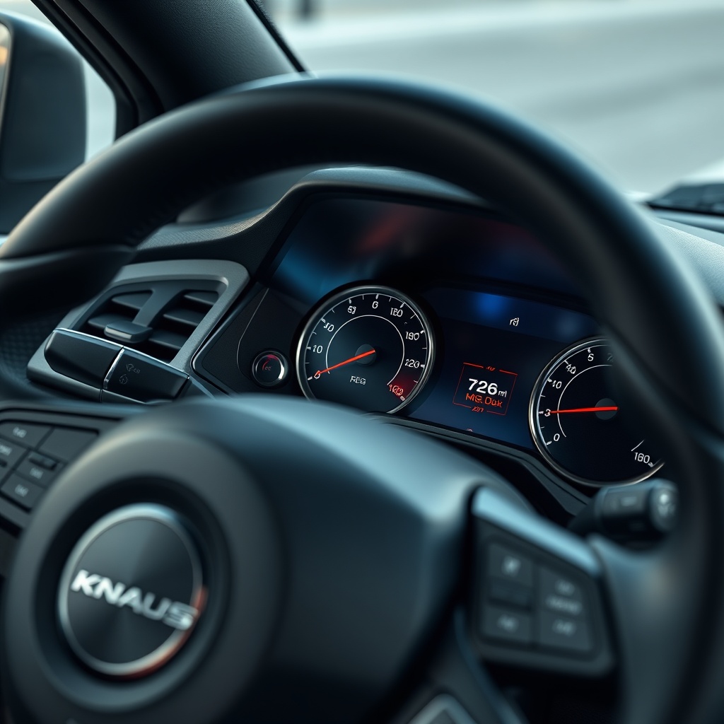 Close-up of the dashboard and steering wheel of the Knaus Sport 600 MEG