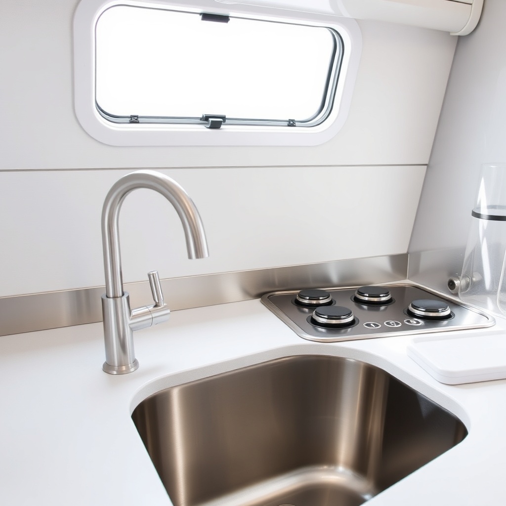 A photorealistic close-up shot of the kitchen area in the Knaus Sport 600 MEG