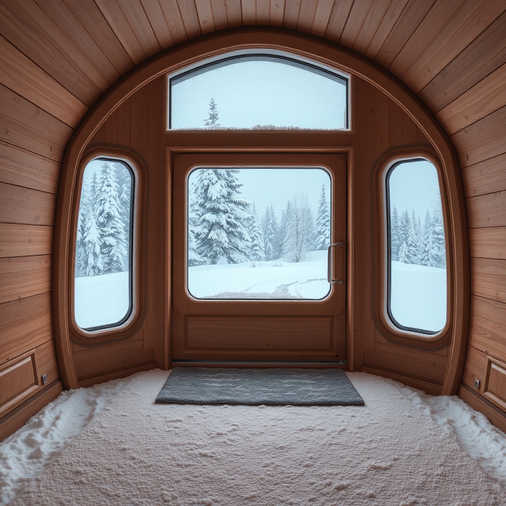 Weitwinkelaufnahme des Innenraums eines Knaus Sport 600 MEG bei Schnee durchs Fenster sich