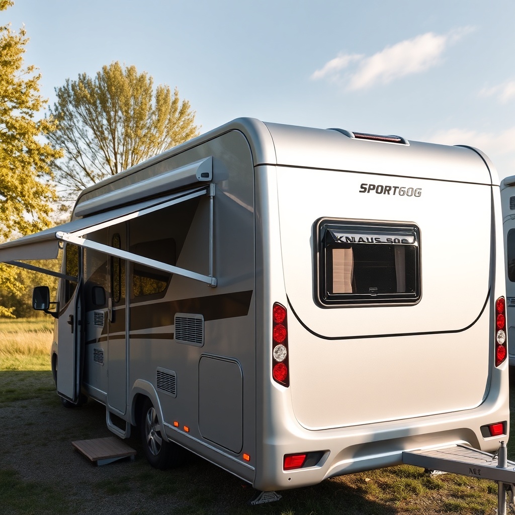 Realistic photo of a used silver-gray Knaus Sport 600 MEG on a sunny day at a campsite