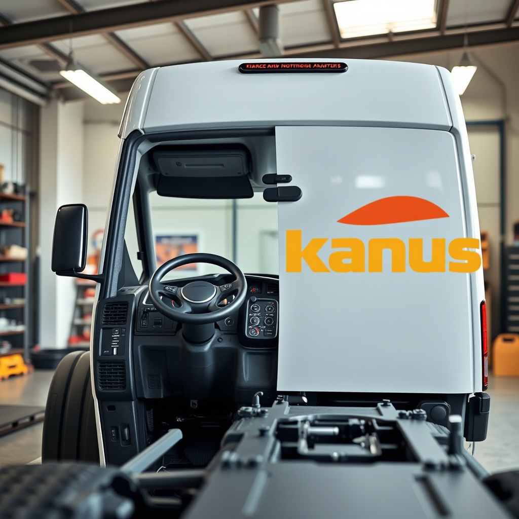 Realistic photo of a modern Ford Transit chassis partial integration with a Knaus logo