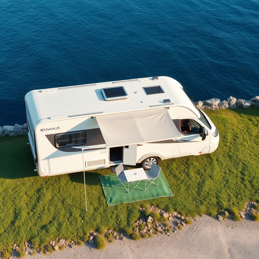 A photorealistic overhead drone shot of a Knaus Sport 600 MEG parked on a small grassy sea