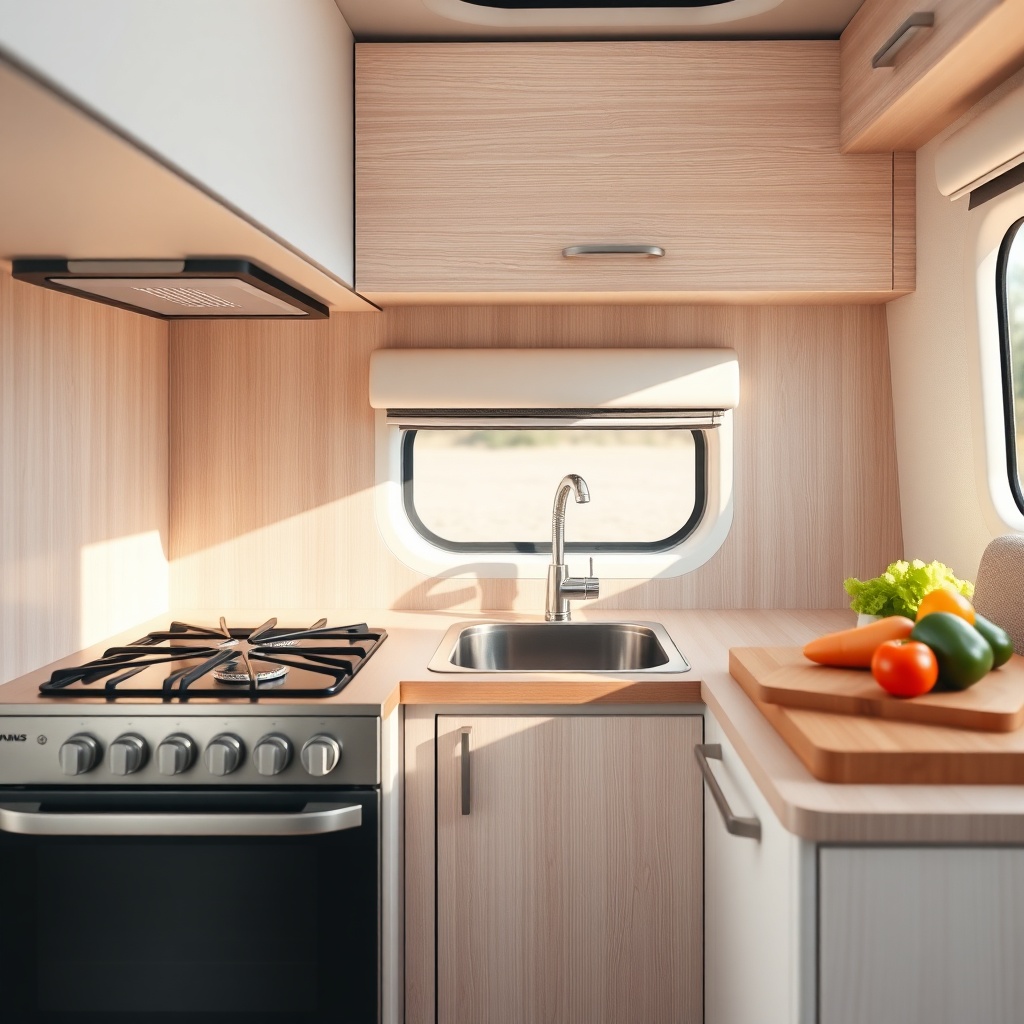 A photorealistic close-up interior view of the kitchen of a Knaus Sport 600 MEG