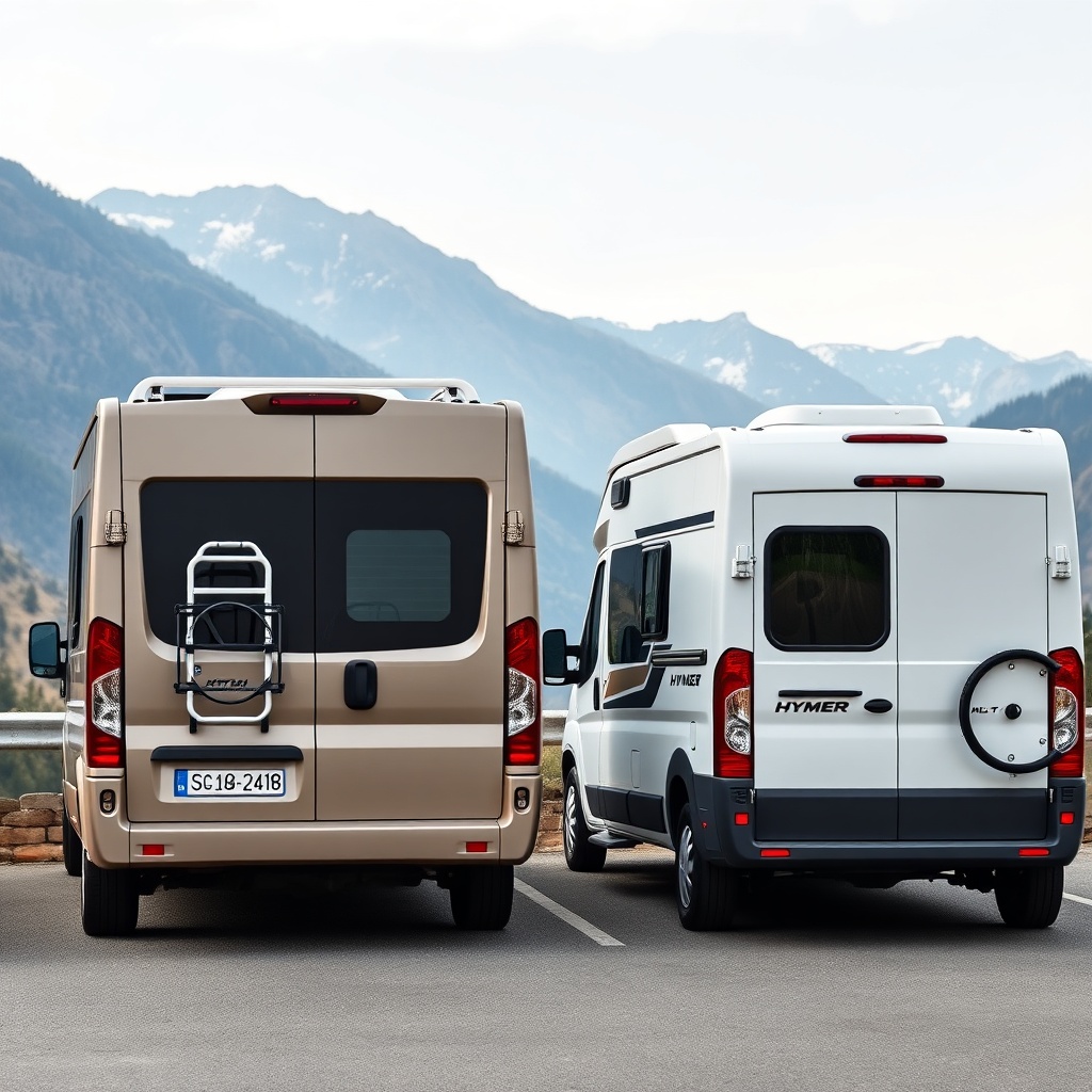 A photorealistic photo of two campervans parked next to each other at a scenic pull-out in
