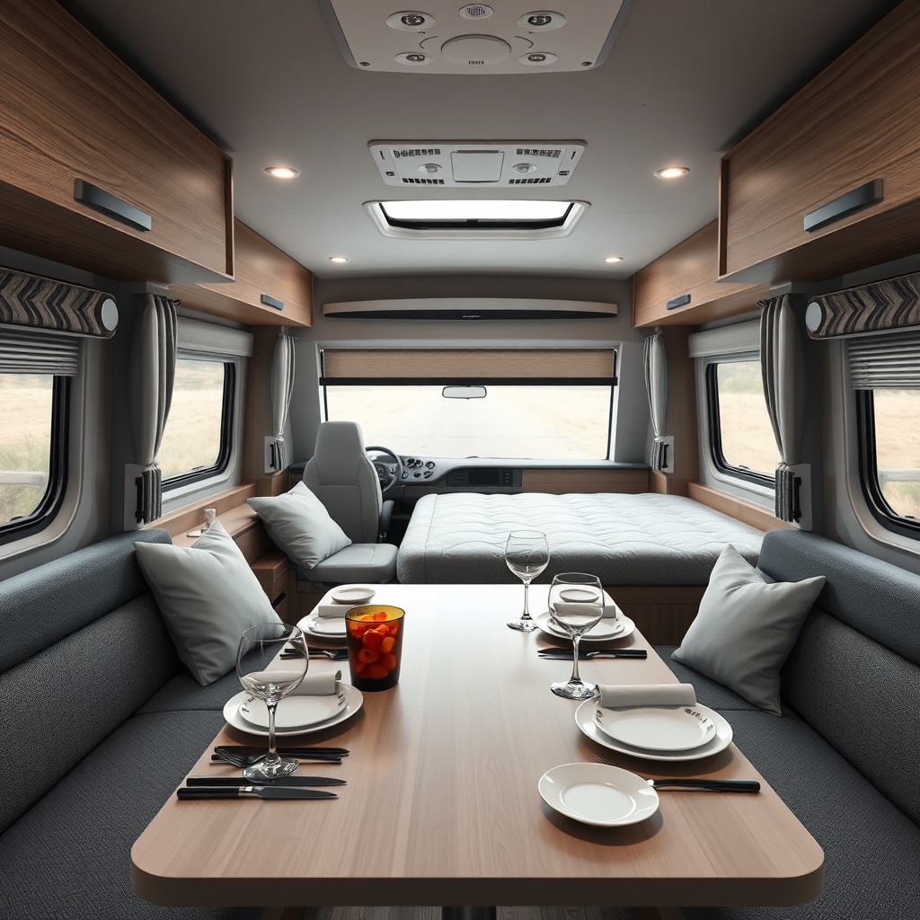 A clean photorealistic photo of the interior of the Knaus Sport 600 MEG showing the living