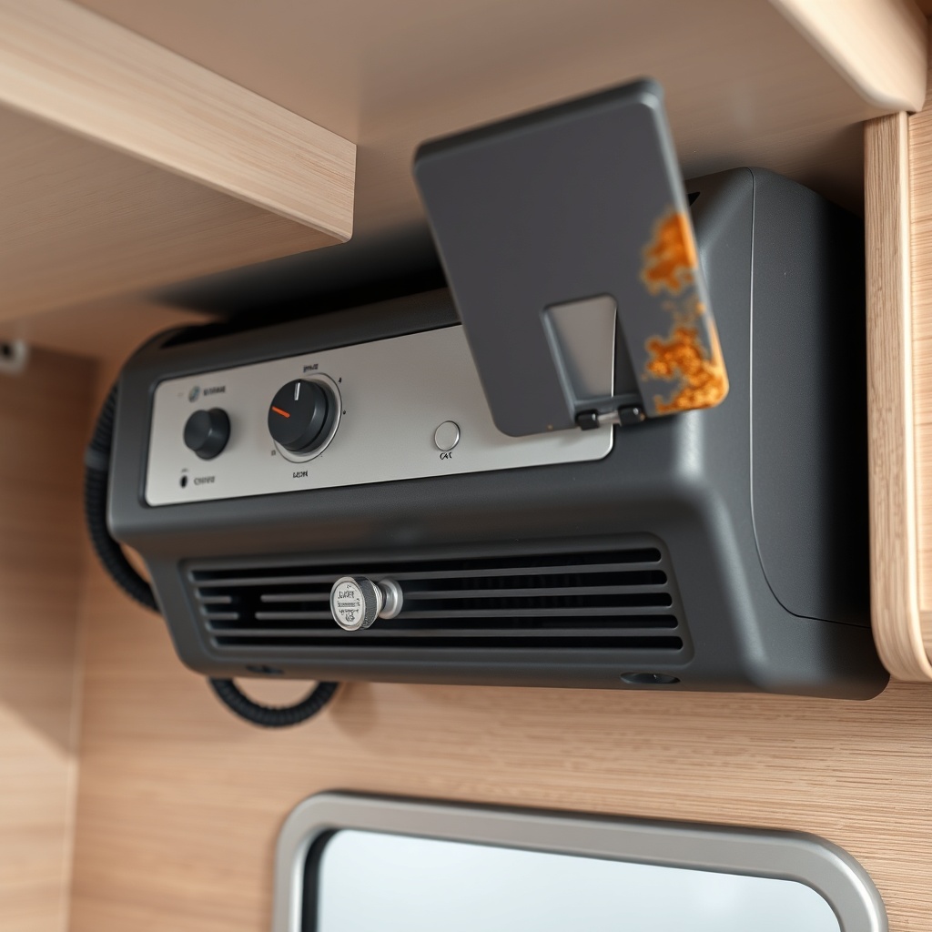 A close-up photorealistic photo of a Truma Combi 6 heating unit mounted under a bench in a