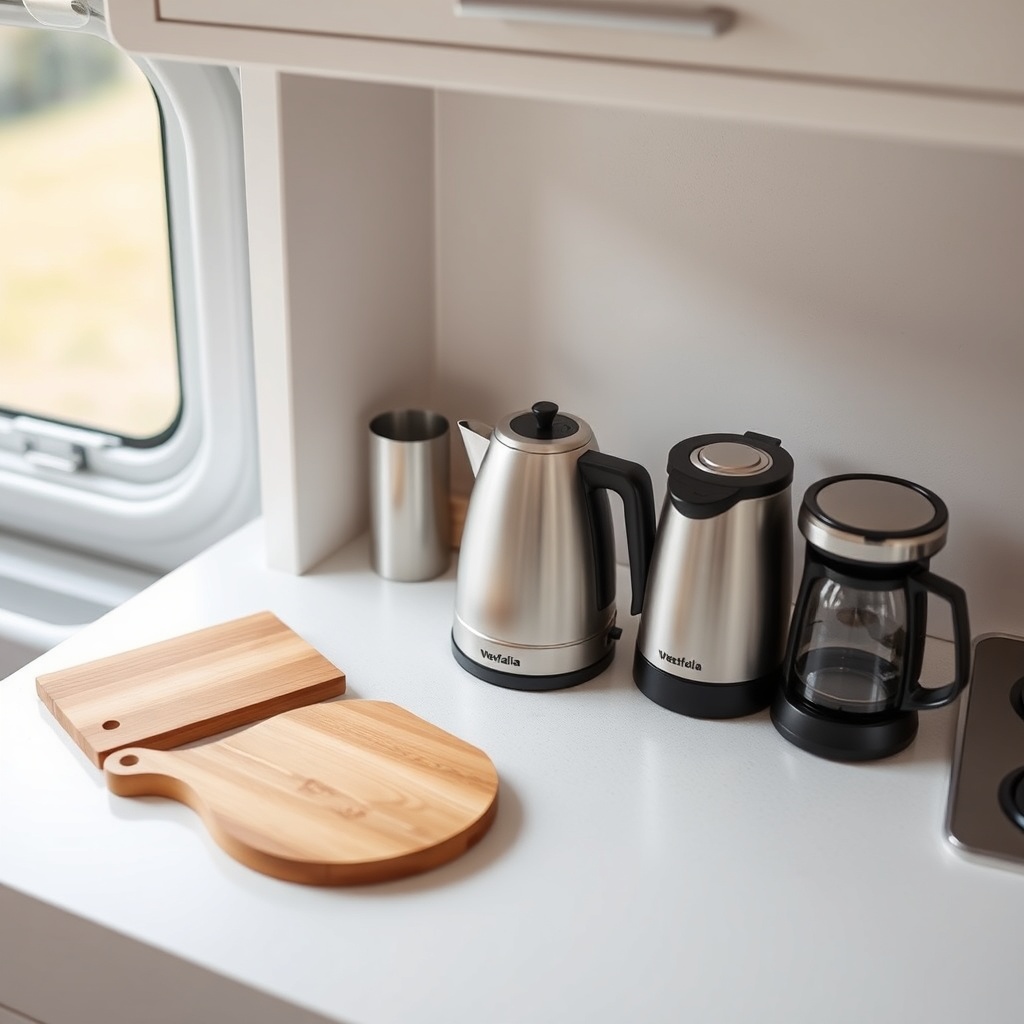 A top-down photo of a Westfalia Columbus 600 kitchen counter with a portable 12V kettle in