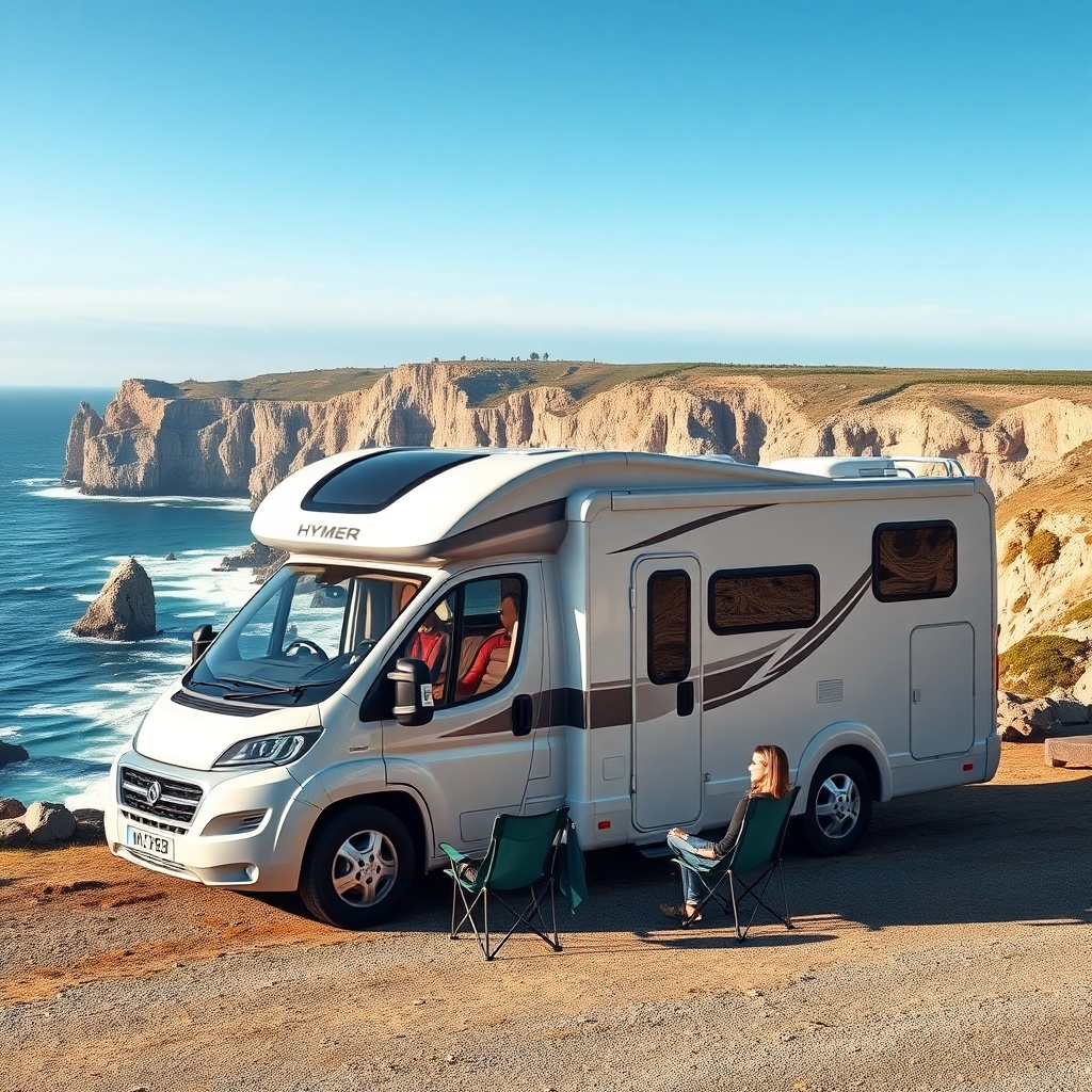 A hyperrealistic photo of a Hymer ML-T 580 parked on a cliffside overlooking the pink gran