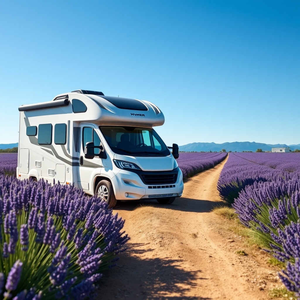 A photorealistic photo of a Hymer ML-T 580 driving along a lavender field in Provence