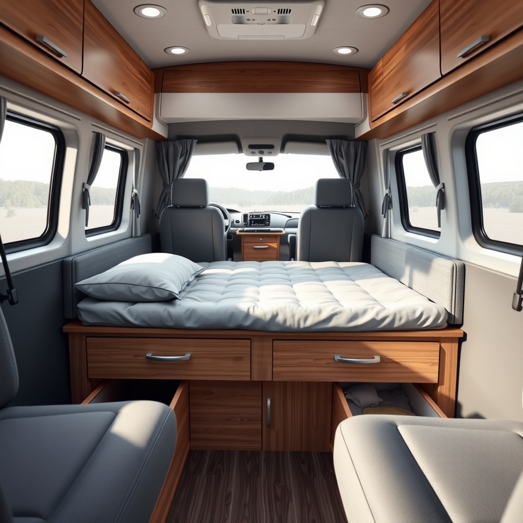 A photorealistic interior shot of a Westfalia Columbus 600 showing the rear longitudinal b