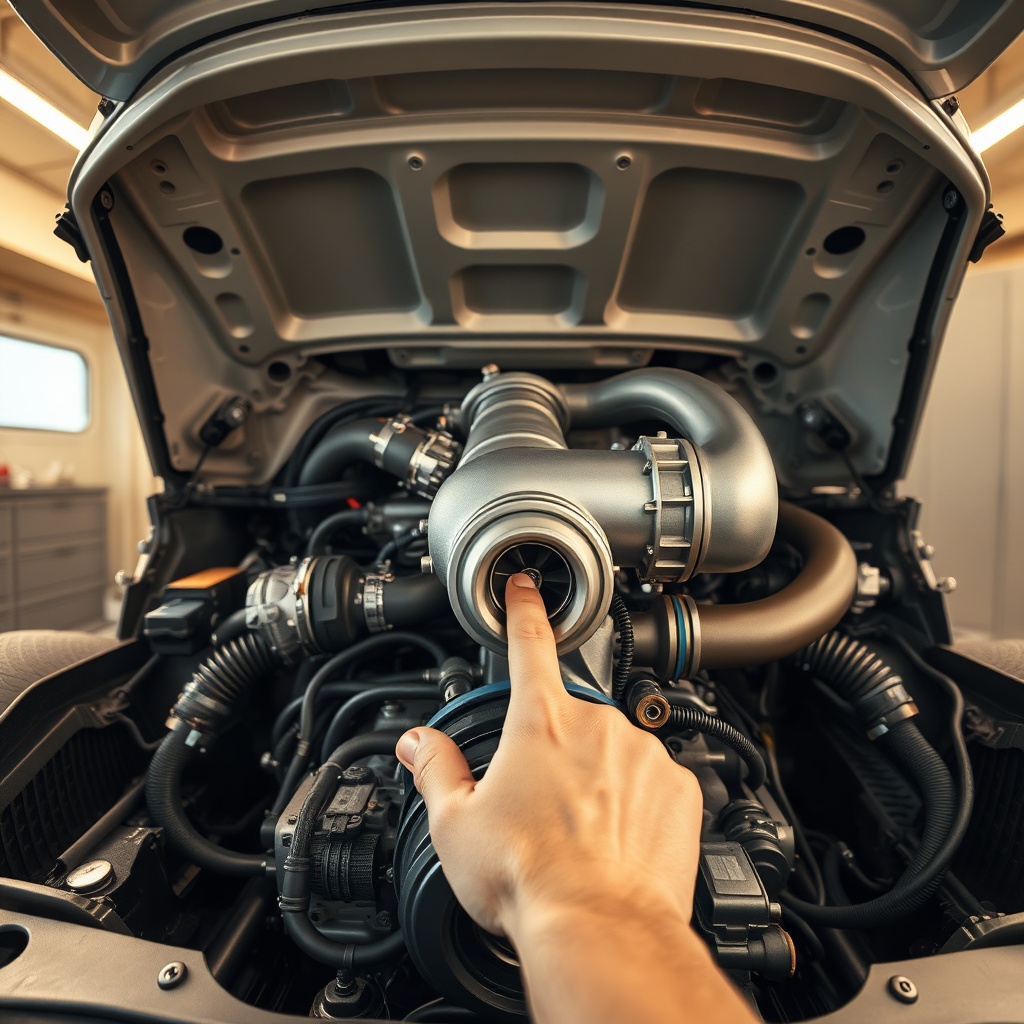A photorealistic wide-angle shot of the engine bay of a Knaus Sport 600 MEG showing the tu