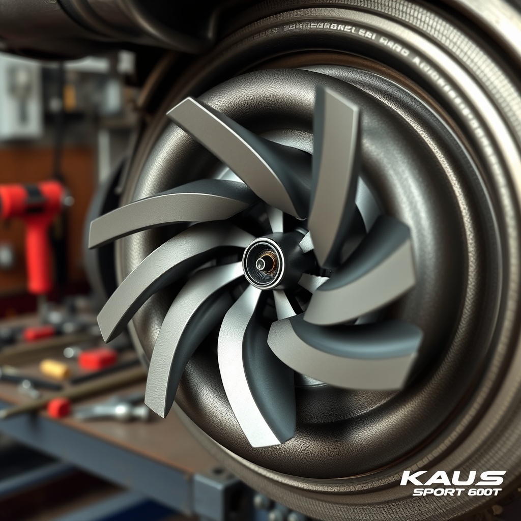 A photorealistic close-up of a clean turbocharger impeller from a Knaus Sport 600 MEG engi