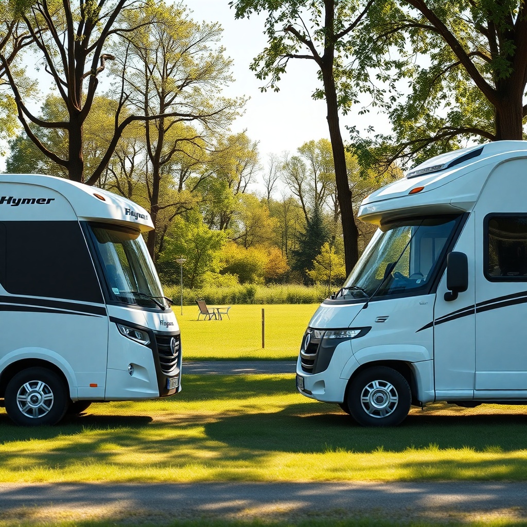 A photorealistic wide shot of three teilintegrierte Wohnmobile – Hymer ML-T 580