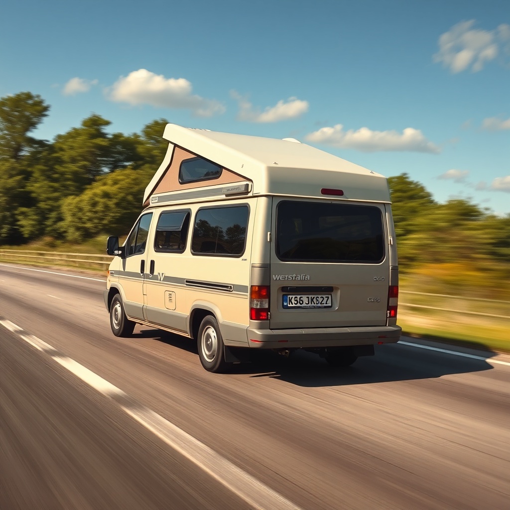 A photorealistic shot of a Westfalia Columbus 600 driving at highway speed on a sunny day