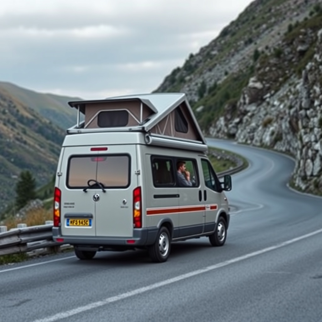 A photorealistic photo of a Westfalia Columbus 600 parked on a mountain pass road