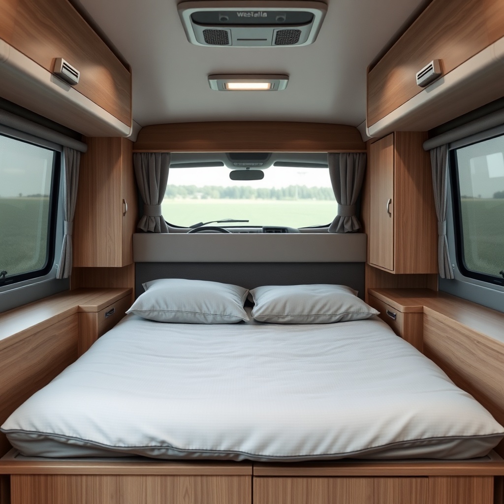A photorealistic photo showing the rear bedroom area of a Westfalia Columbus 600 with a do