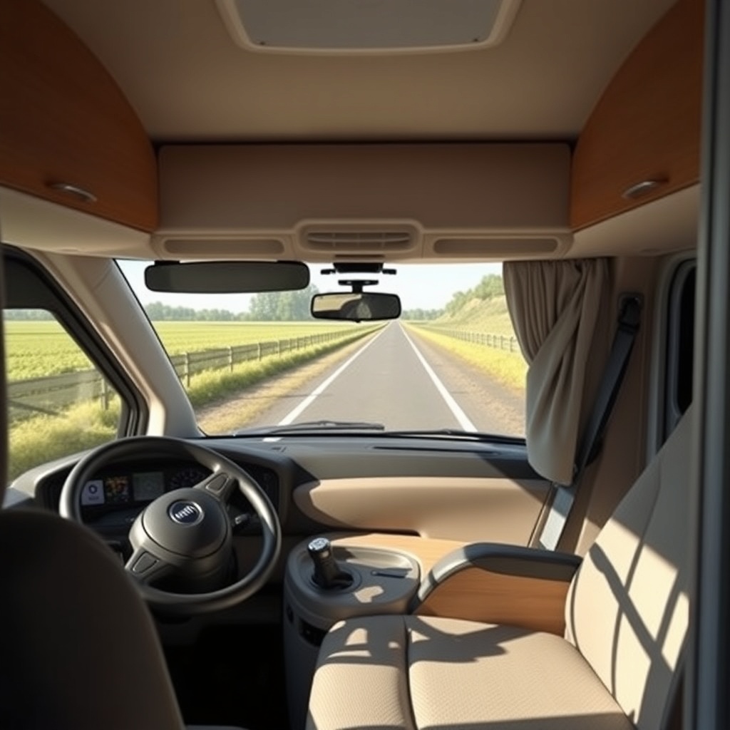 A realistic photo showing the driver's cabin of a Westfalia Columbus 600 with the Fiat Duc