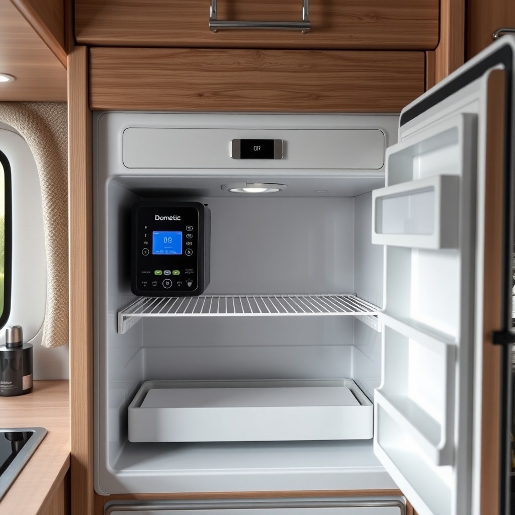 A close-up realistic photo of the rear Dometic refrigerator in an open Westfalia Columbus