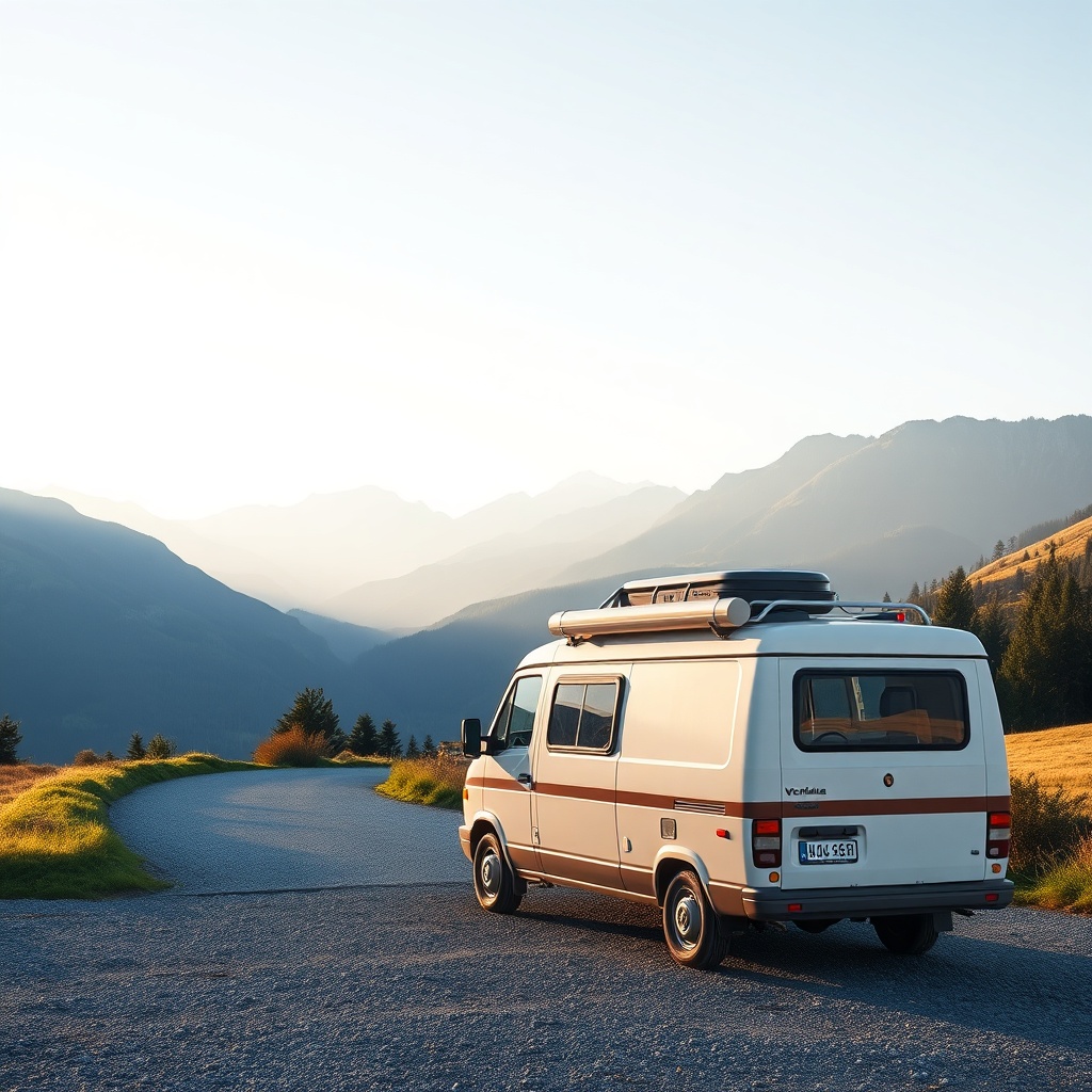A scenic drone shot of a Westfalia Columbus 600 parked on a gravel road with a view of the