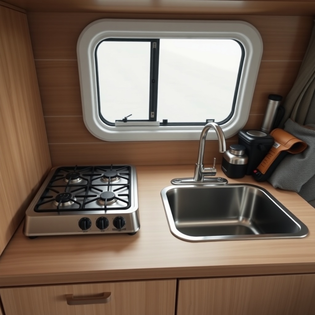 Close-up of the Westfalia Columbus 600 kitchen counter showing a two-burner gas stove
