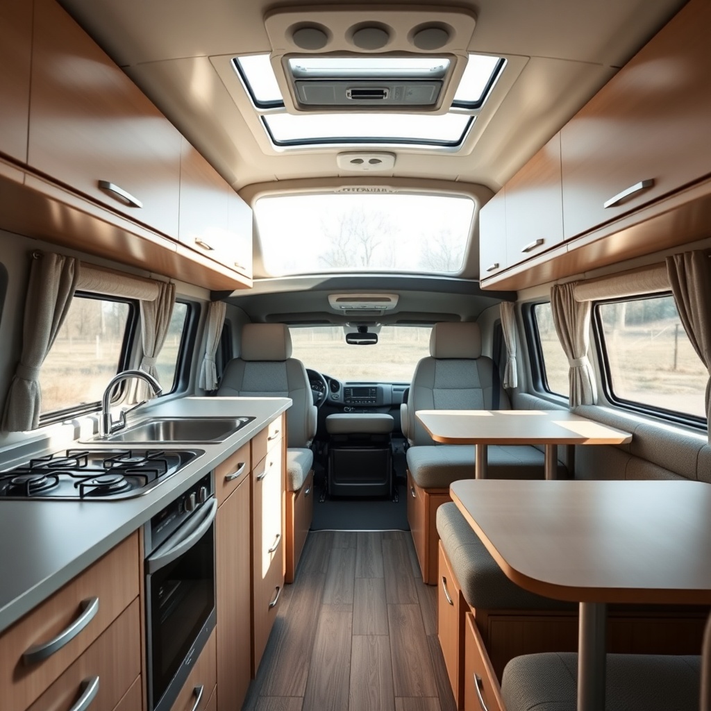 A wide-angle interior shot of the Westfalia Columbus 600 showing the kitchen area on the l
