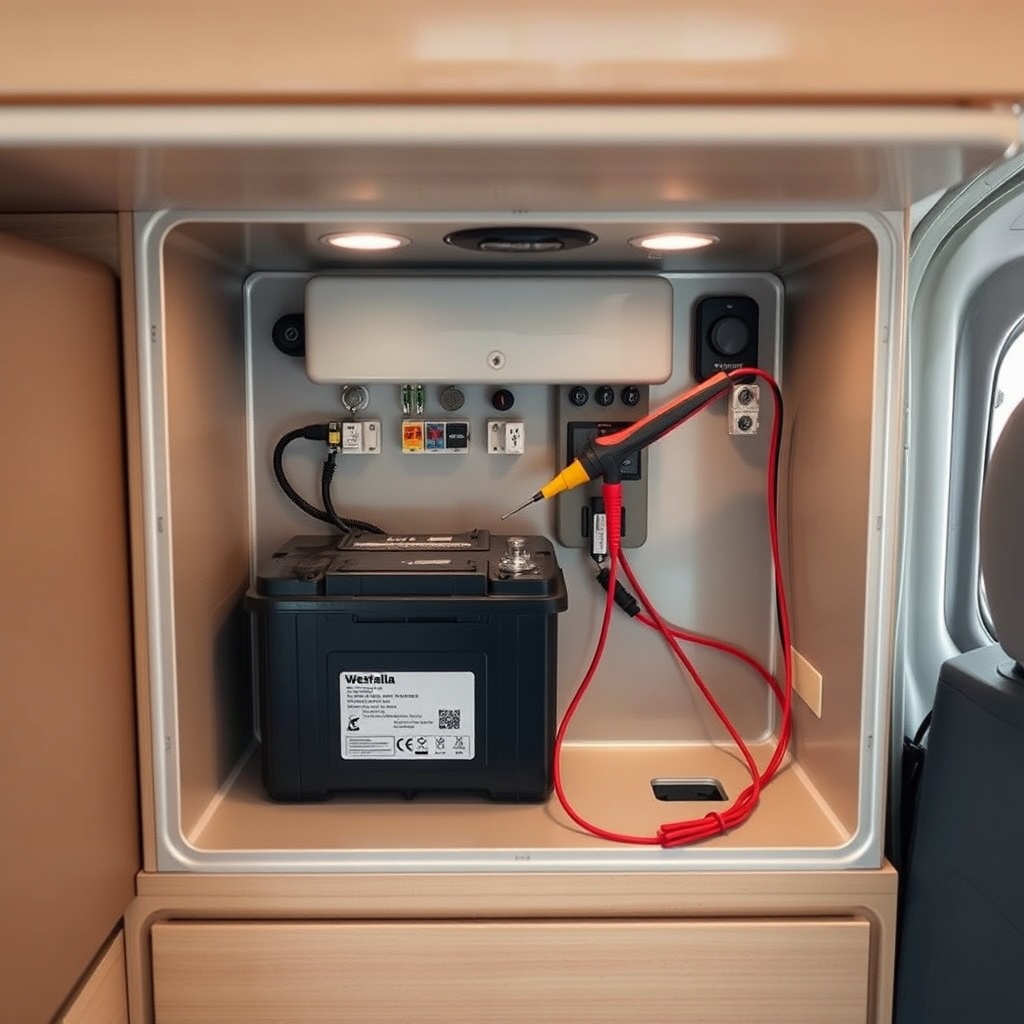 An open electrical box inside a Westfalia Columbus 600