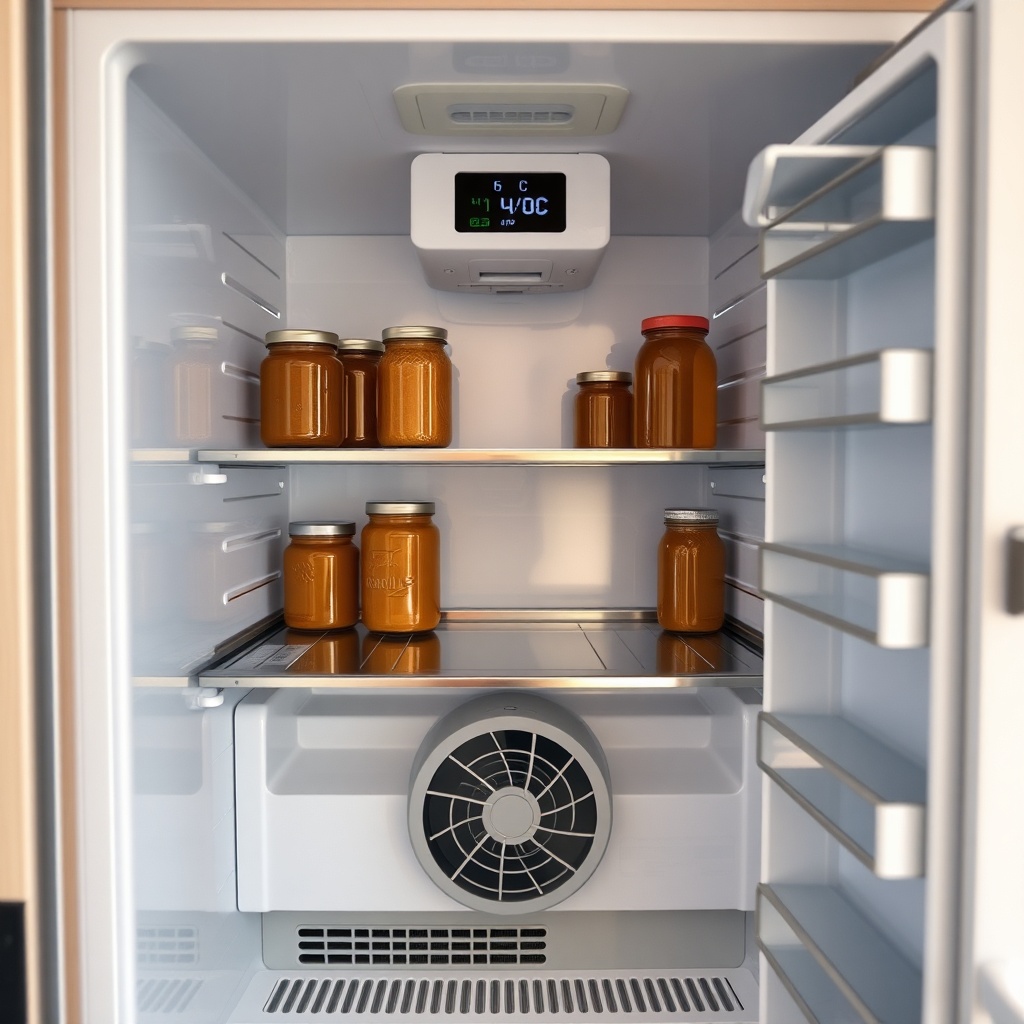 A photorealistic close-up of a Westfalia Columbus 600's Dometic refrigerator interior with