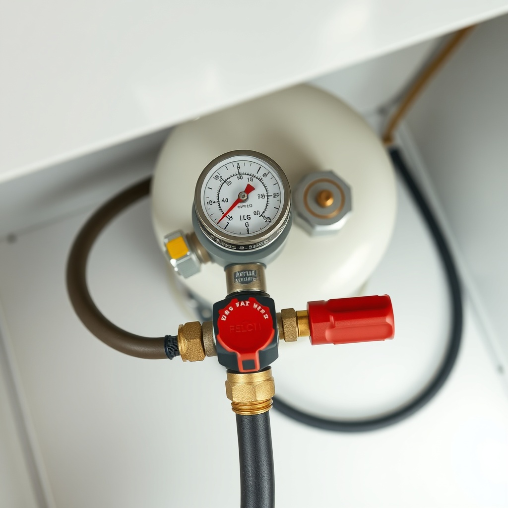 A photorealistic overhead shot of a Westfalia Columbus 600's gas compartment showing the T