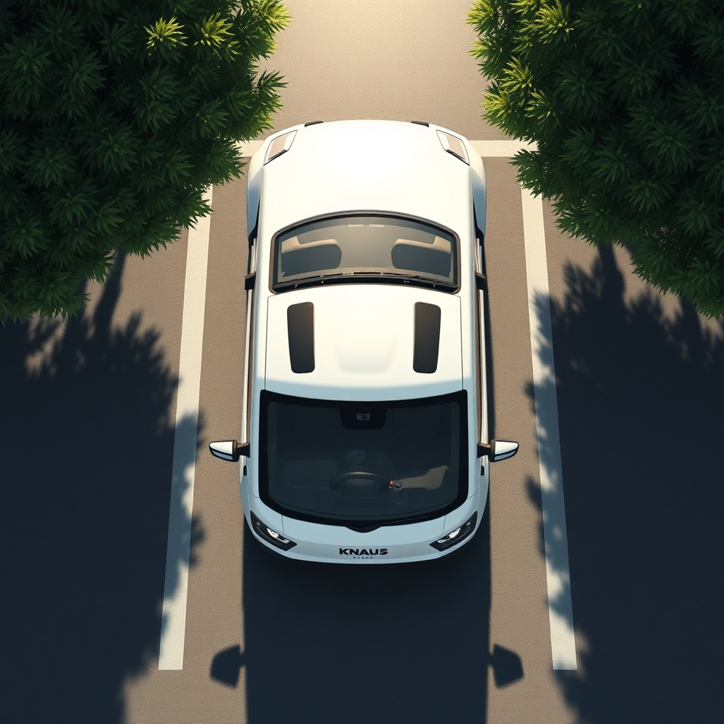 A photorealistic overhead illustration of a white Knaus Sport 600 MEG retreating into a na
